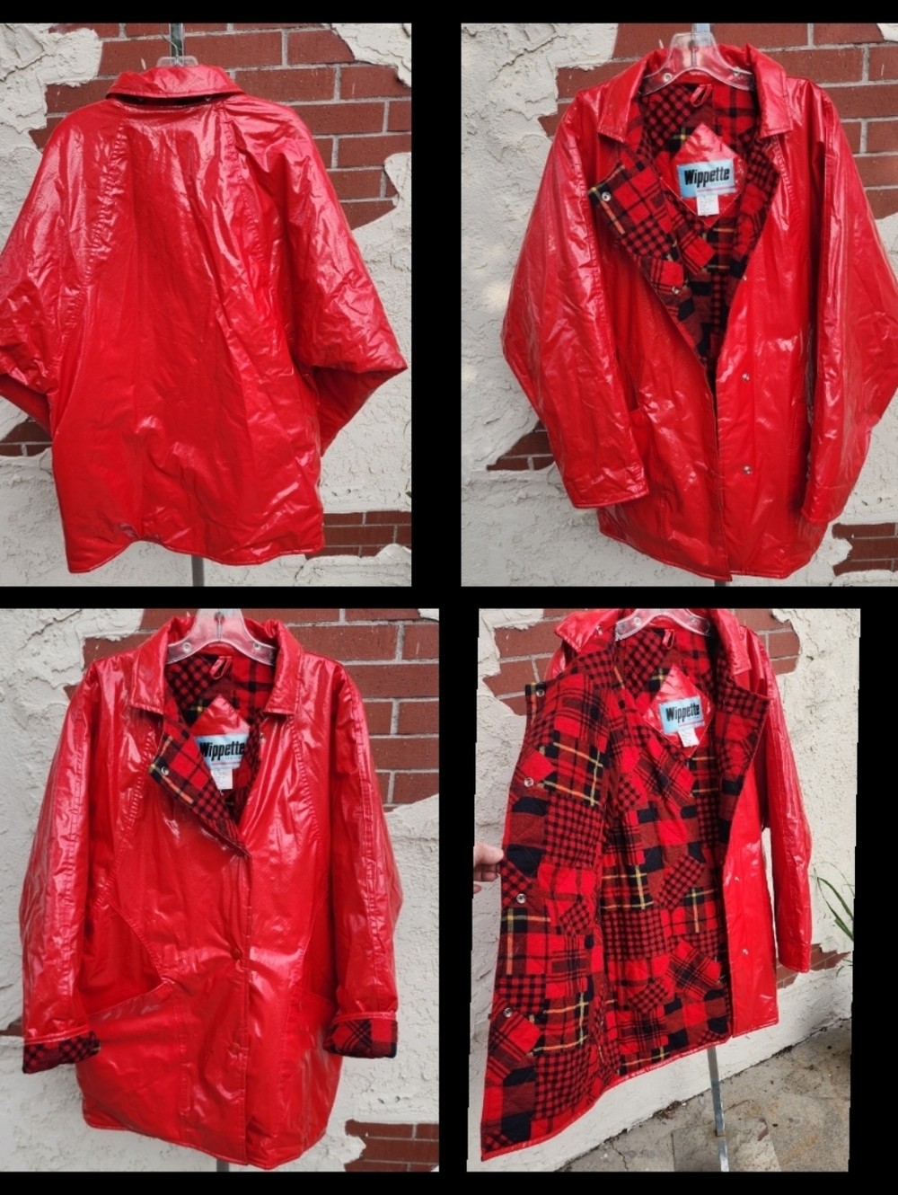 MEDIUM women Wippette Red Black Plaid Button Raincoat Cotton Flannel Lining